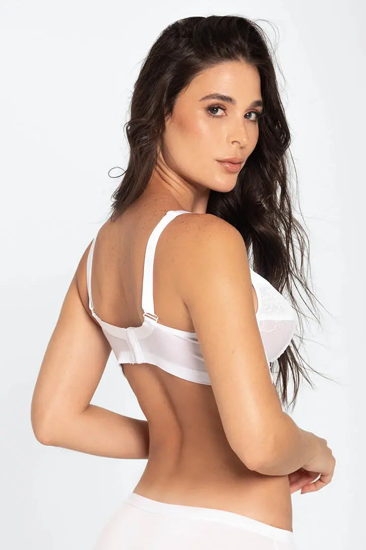 Vista posterior del brasier con alto cubrimiento y soporte, color blanco