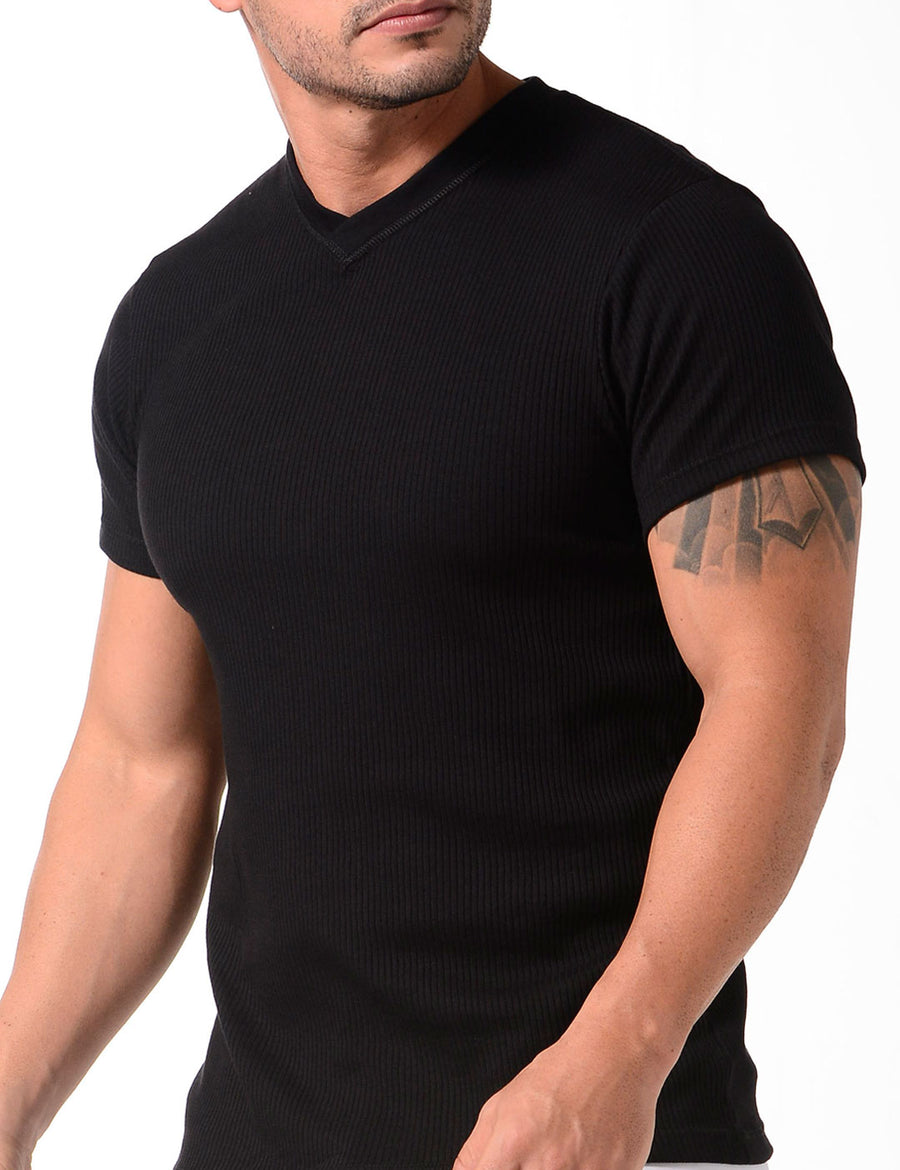 GENERICO Camisetas manga larga algodón v-cuello para hombre-negro.