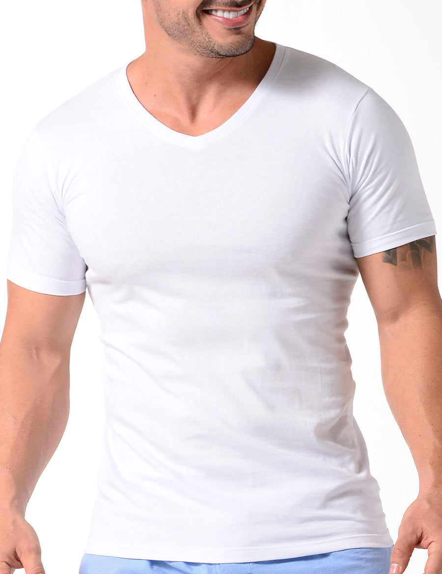 Camiseta cuello V unicolor de algodón peinado premium (4901)