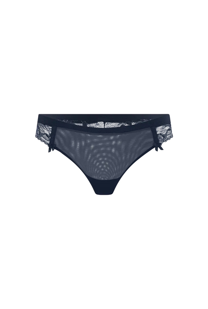 Panty cachetero en tul y encaje floral – Diane & Geordi, color aul oscuro, transparente