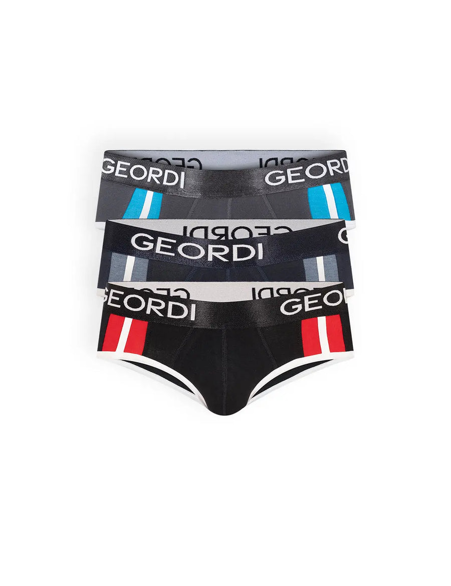 Pack x3 de briefs en algodón con elástico. Color negro gris rojizo y negro