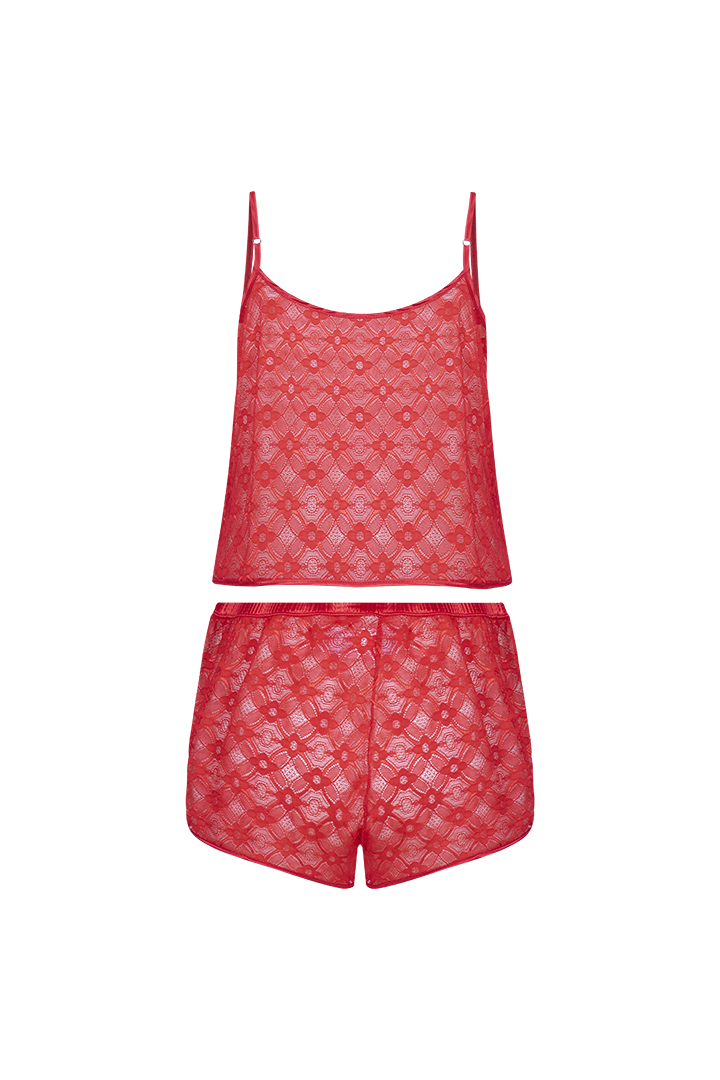 Pijama conjunto blusa tiras con encaje en espalda y short con encaje (DF35L2)