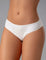 Panty tanga con franjas de control frontal y ajuste suave – Diane & Geordi, color blanco de frente plano cerrado